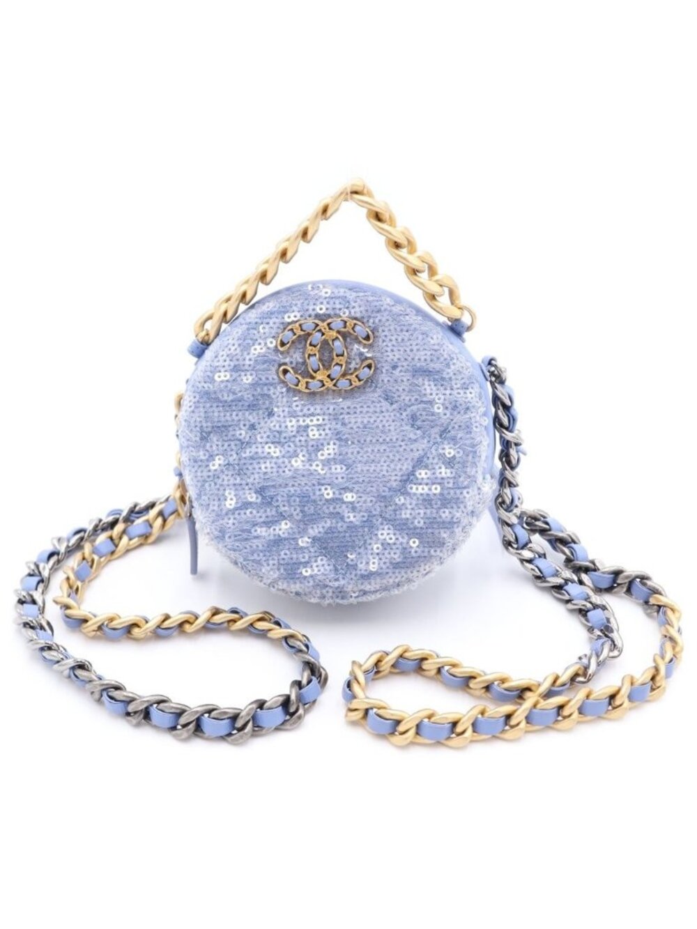 Chanel 19 Spangle Round Chain Shoulder Back Lightblue Stand